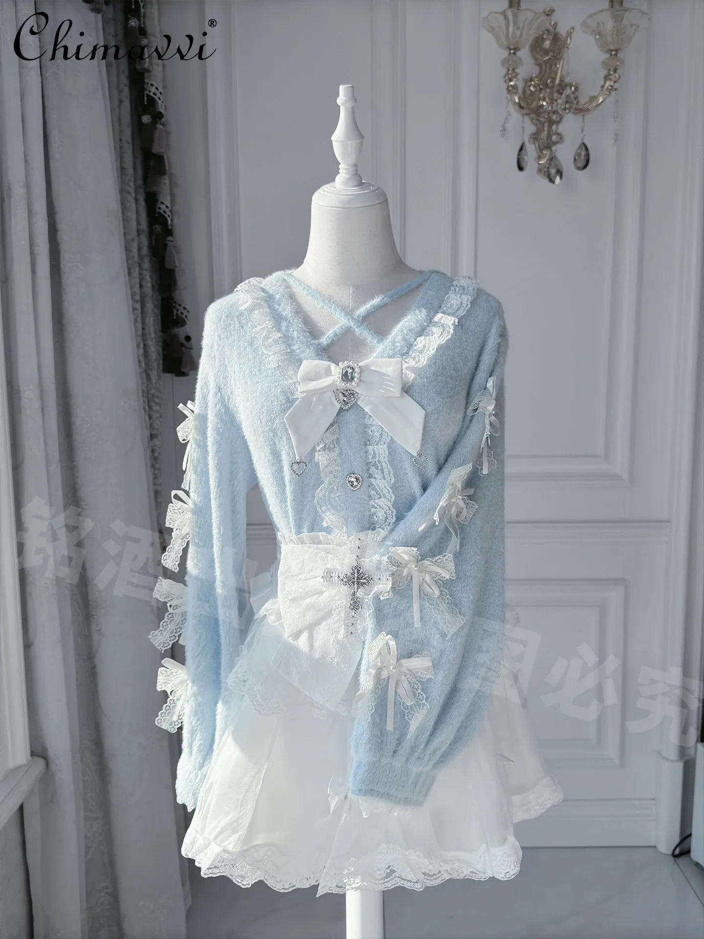 

Японский стиль Мин-Лолита: осенне-зимний комплект из свитера-кардигана с акварельным принтом и юбки с высокой талией для женщин (2 предмета)