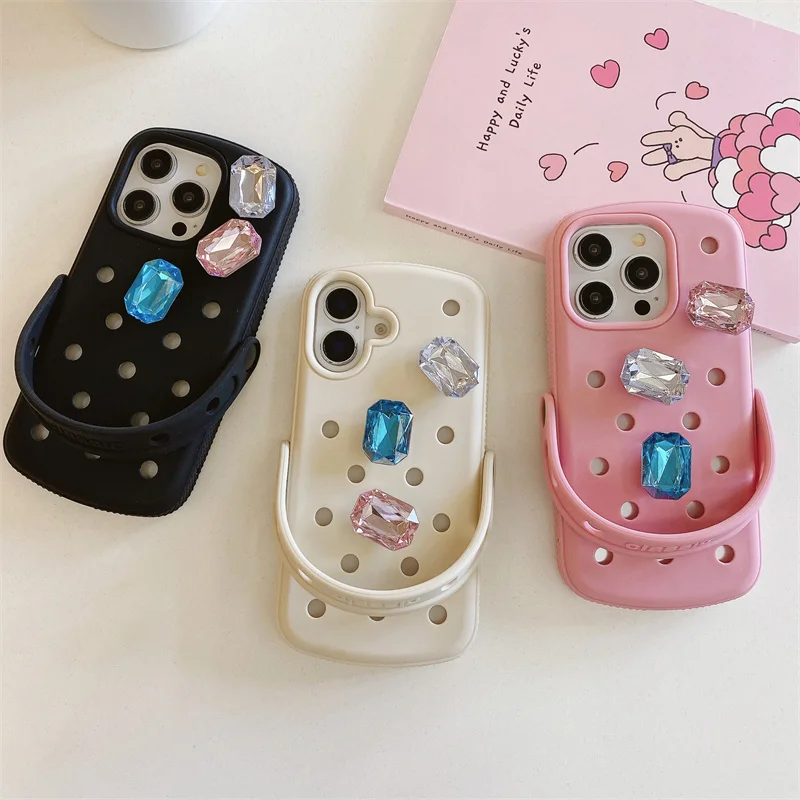 

DIY Gemstone Cute Hollow Polka Dot Wrist Strap Phone Case For iPhone 16 Pro 15 Plus 14 13 11 12 Pro Max 16e Silicone Cover Cases