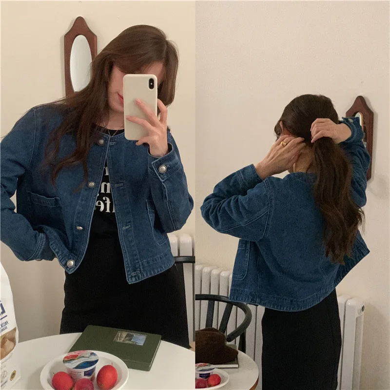 Jaqueta jeans fena chique retrô com botão de metal, manga crida, gola redonda, botão único, curta, casual, versátil, p...