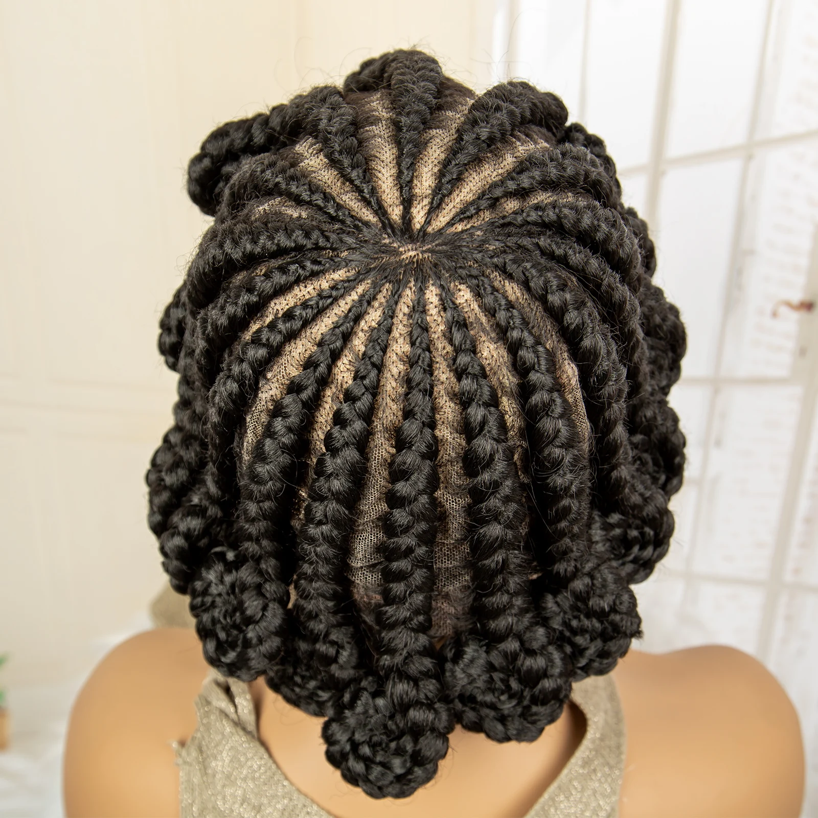 Wig kepang Cornrow sintetis Wig kepang Afro Bantu untuk wanita warna hitam dengan rambut bayi 8 inci Wig kepang tanpa simpul renda penuh