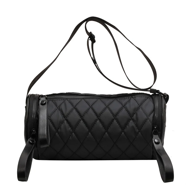 2023 New Barrel-shaped Women's Bag Zipper Rhombus Grid Design Retro Art Shoulder Bag Trend All-match Daily Casual Crossbody Bag