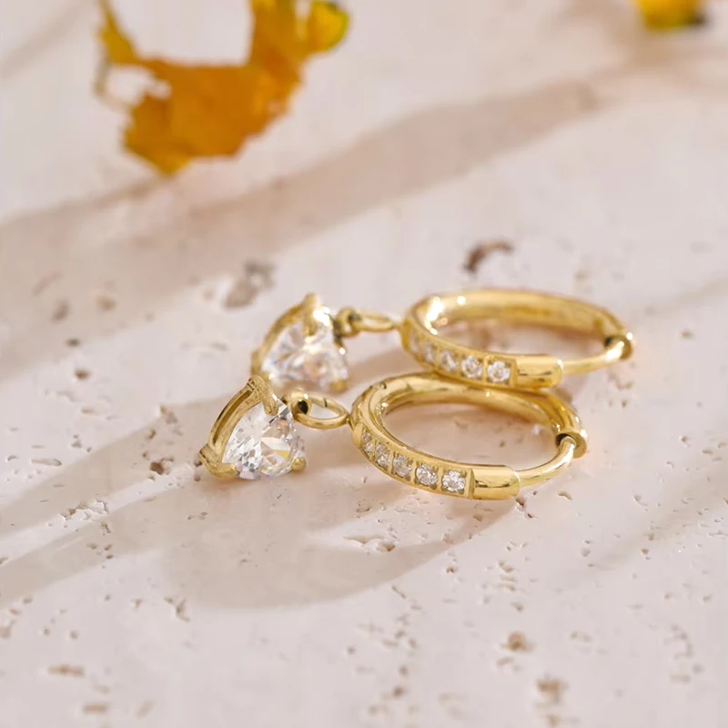 

Heart Moissanite Dangle Hoop Earrings for Women 11mm Gold Tone Huggie Hoops Copper Fashion Jewelry