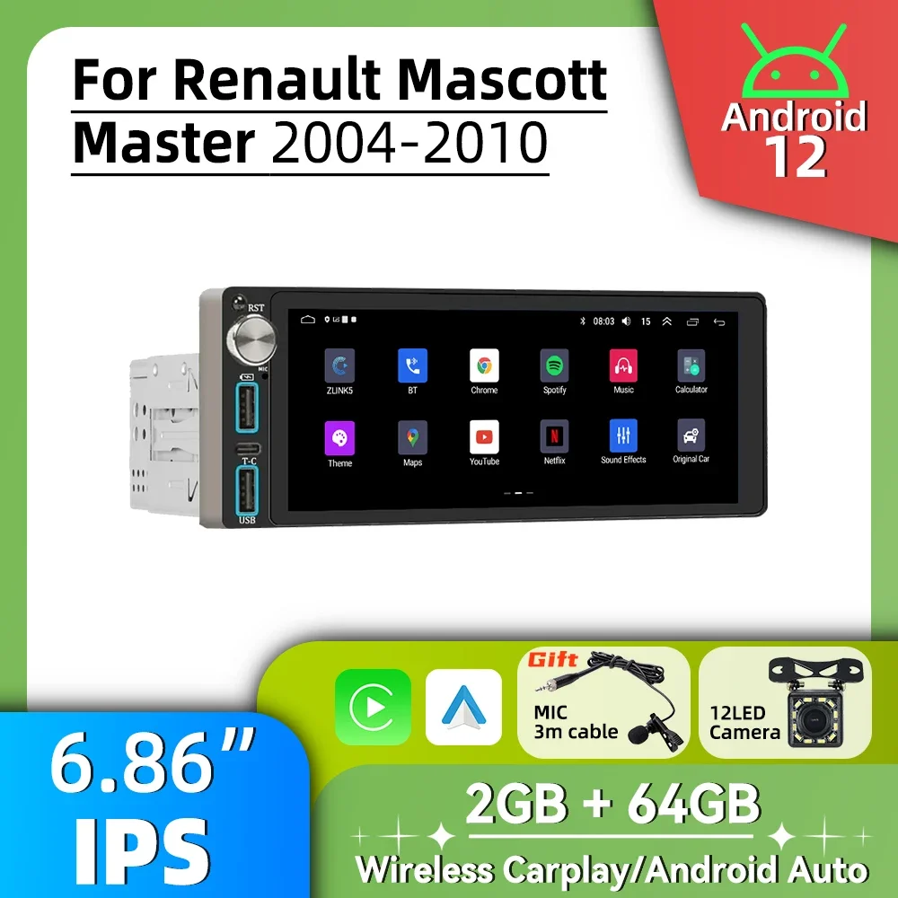 1 Din Car Radio Autoradio Android Multimedia for Renault Mascott Master 2004-2010 6.86