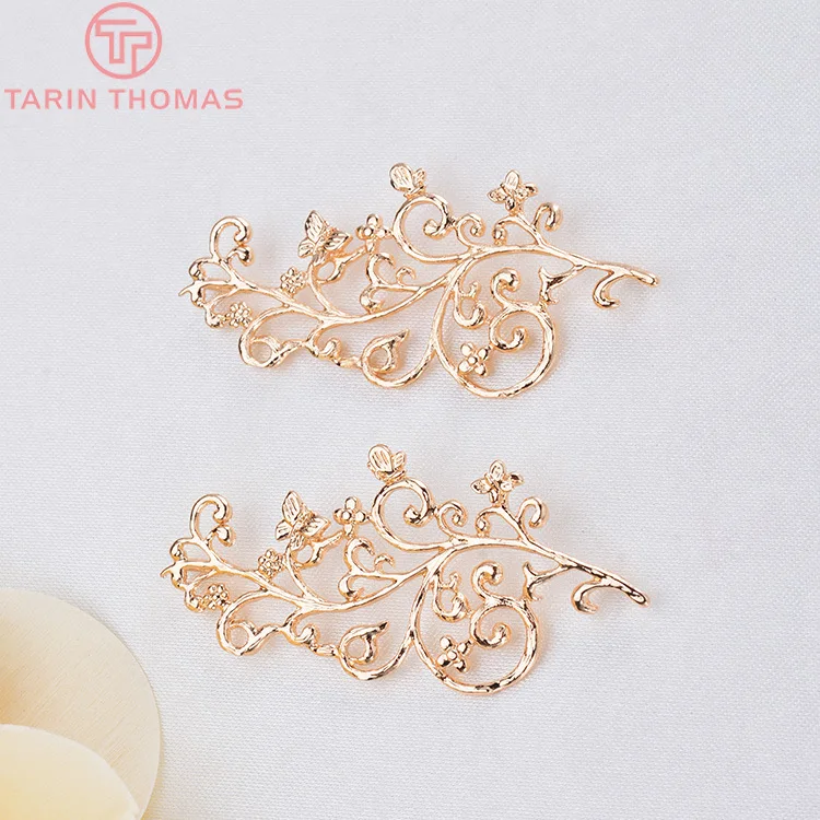 (1876)4PCS 21x45MM 24K Champagne Gold Color Brass Butterfly with Leaf Leaves Charm Pendants for DIY Jewelry Making Findings