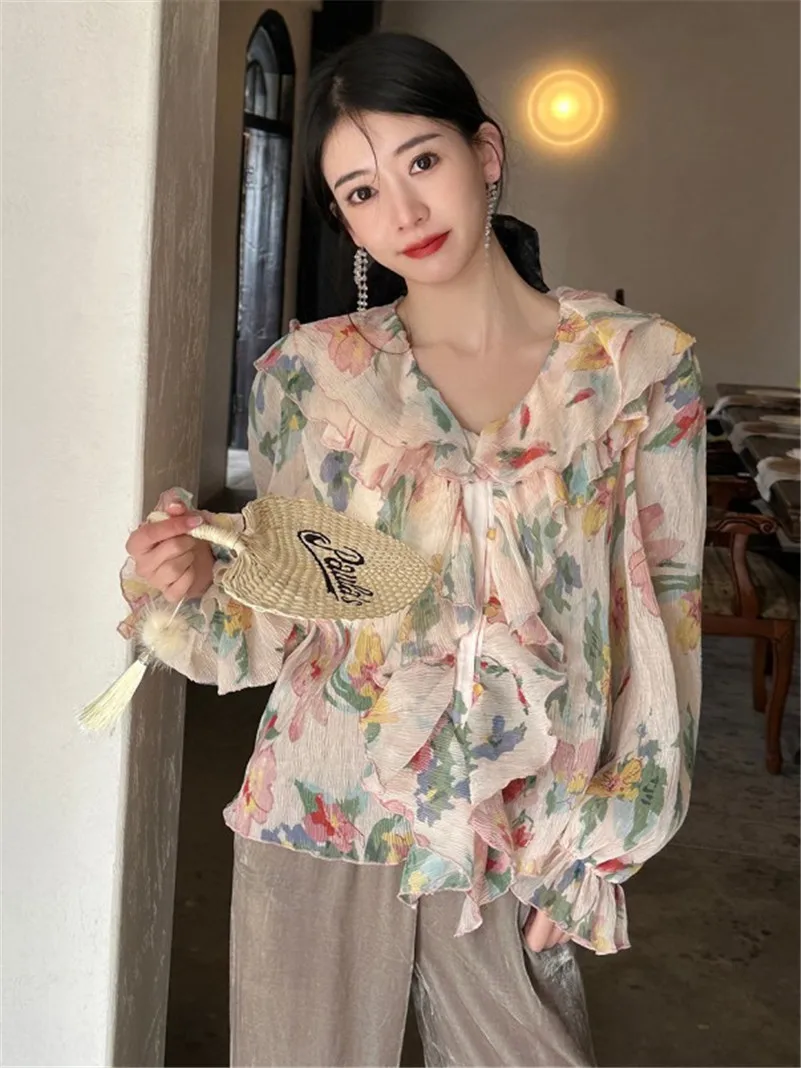 Spring Rayon Design Sense Floral Print Lovely Sweet Double-layer Ruffled Lantern Sleeve Lightweight  Elegant Chic Tops Blouses