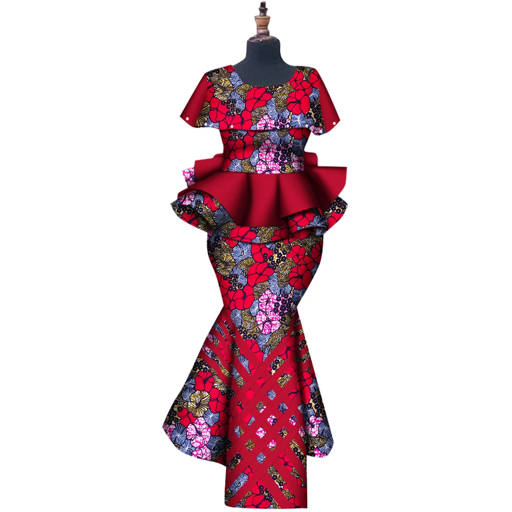 New BintaRealWax Customize African Dresses for Women Elegent Trench V-neck Top and Mermaid Skirt Plus Size 6XL WY8300
