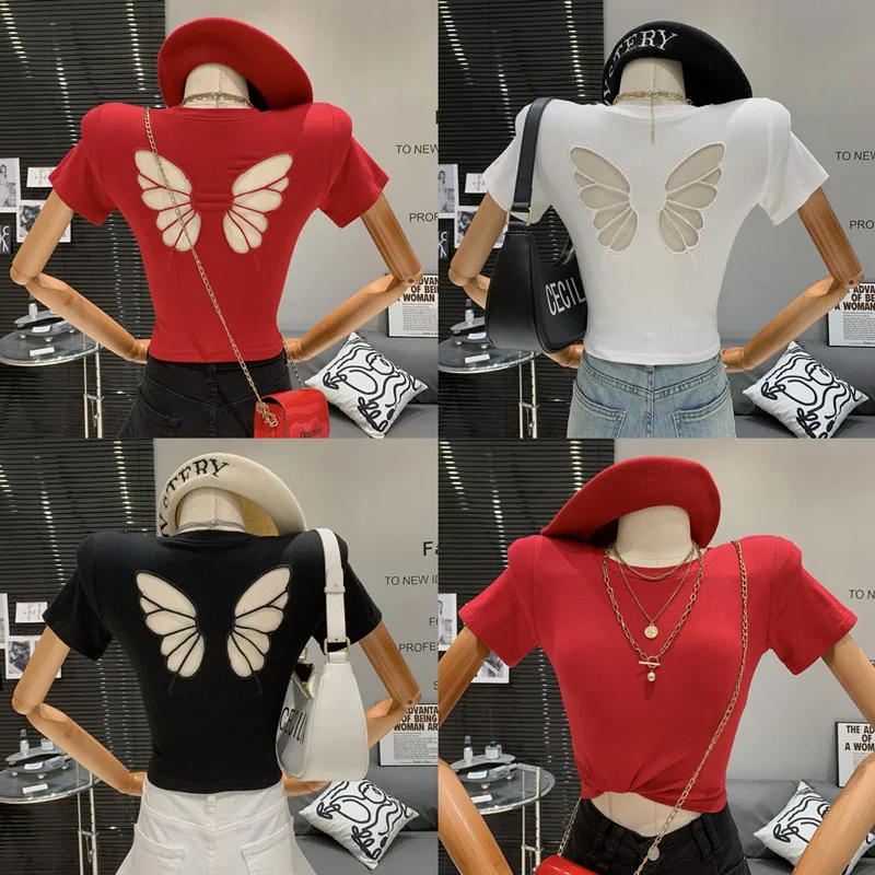 

Temperament Girl's bow hollow out design Sexy Slim and Fashionable Short T-shirt Top