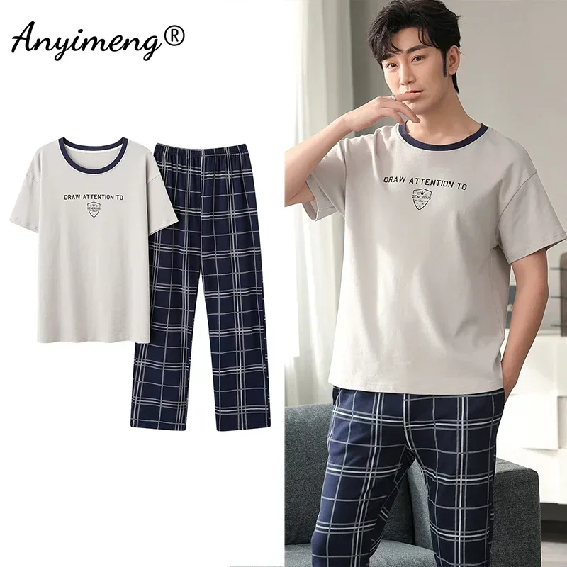 Herren frische Pyjamas 3xl 4xl Nachtwäsche kurz ärmel ige lange Hosen Baumwolle Freizeit Pyjamas für Jungen Plaid Hosen Männer Sommer Nachtwäsche