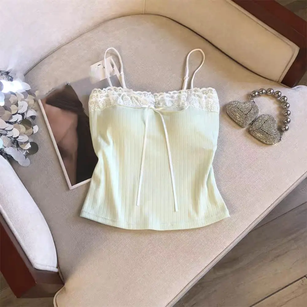 

Korean Style Bow Slim Lace Crop Top Bottoming Shirt Sweet Girl's Vest Top Spice Girls Style Summer Camisole with Pads Women