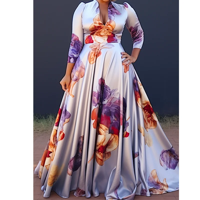 Plus Size Floral Printing Maxi Dresses Elegant Multicolor V Neck 3/4 Sleeve Cotton Long Dress Party Wedding Evening Dress 2024