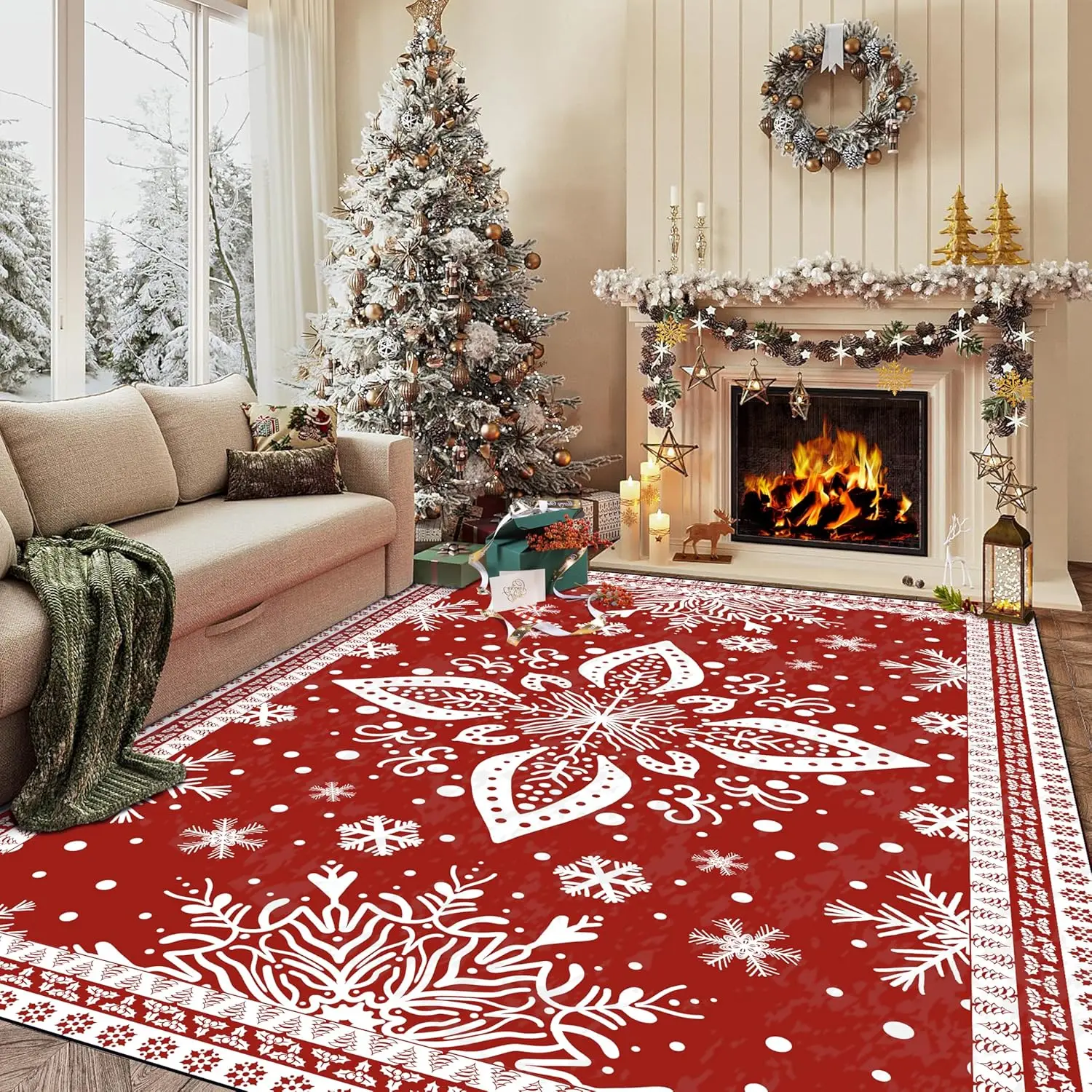 Christmas Rug Red Snowflake Area Rugs Washable for Kids Girls Women Floral Snowflake Carpet for Living Room Bedroom Nursery