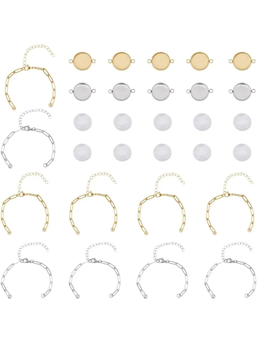 10 Sets 2 Colors Bracelet Bezel Settings Blank Tray Bangles Round Cabochon Bezel Tray Flat Round Clear Glass Cabochons Stainless