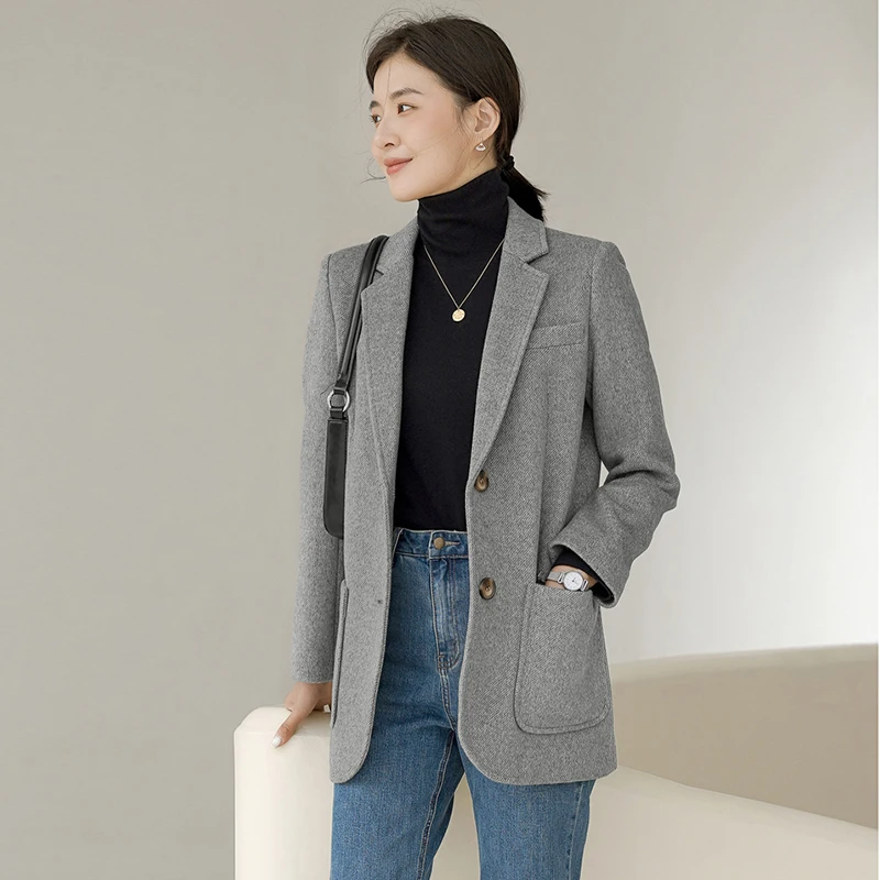 Blazers Women 51% Wool Classic Design  Pockets Single Button Ladies Coat Vintage Design New Fashion