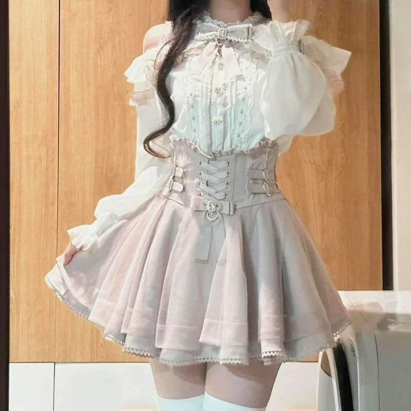 Japanese Kawaii Short Skirt Sets Sweet Ruffles Off Shoulder Bow Shirt Gown Faldas Y2k Aesthetic Mini Skirts Lolita Dress Sets