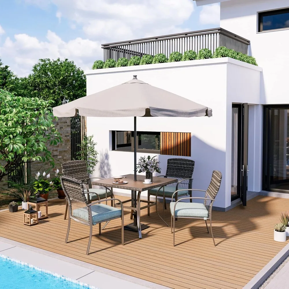 طقم طعام فناء مكون من 5 قطع مقاوم للطقس باللون الأخضر مع طاولة وكراسي من الروطان PE، وسائد مريحة، سهلة الصيانة