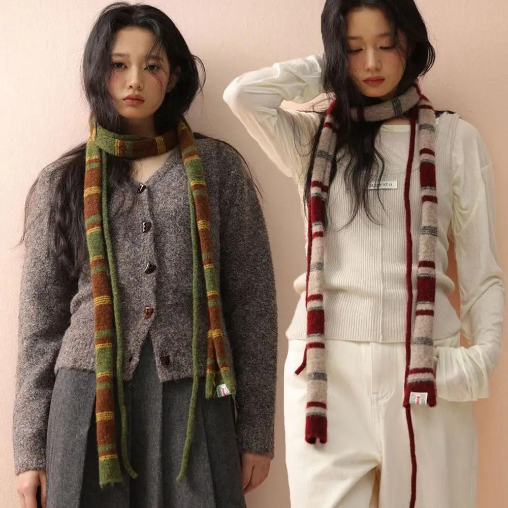 

Шерстяной шарф в полоску Харадзюку, вязаный теплый шарф для девочек Y2K, тонкий узкий шарф унисекс