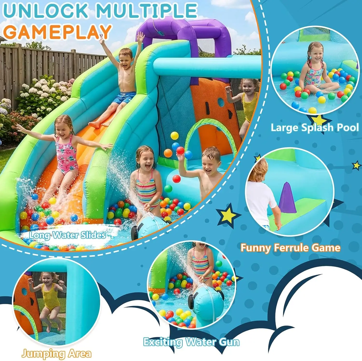 Jump Bounce House with 350W Air Blower, Inflatable Water Slide Combo | Outdoor Bouncy Castle for Backyard, Lawn or Park, Include view 2