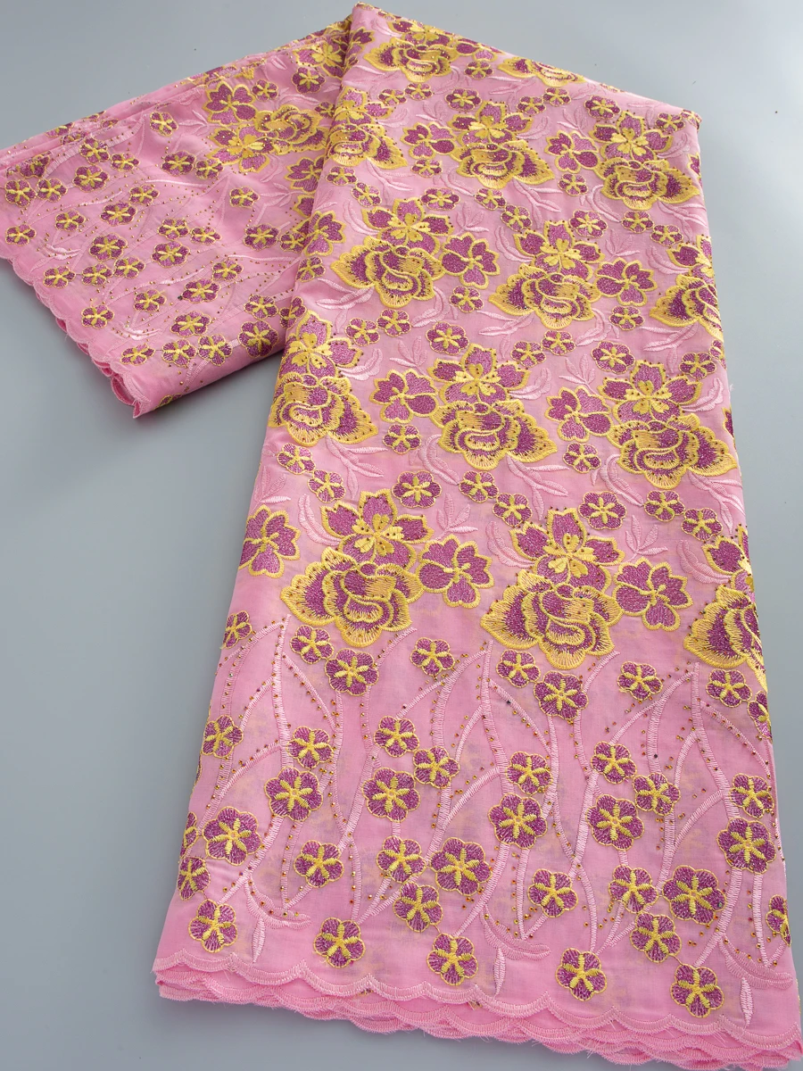 

African Cotton Lace Fabric with Stones 2026 High Quality Swiss Cotton Voile Lace Embroidered Hole Lace For Party Dress Sew