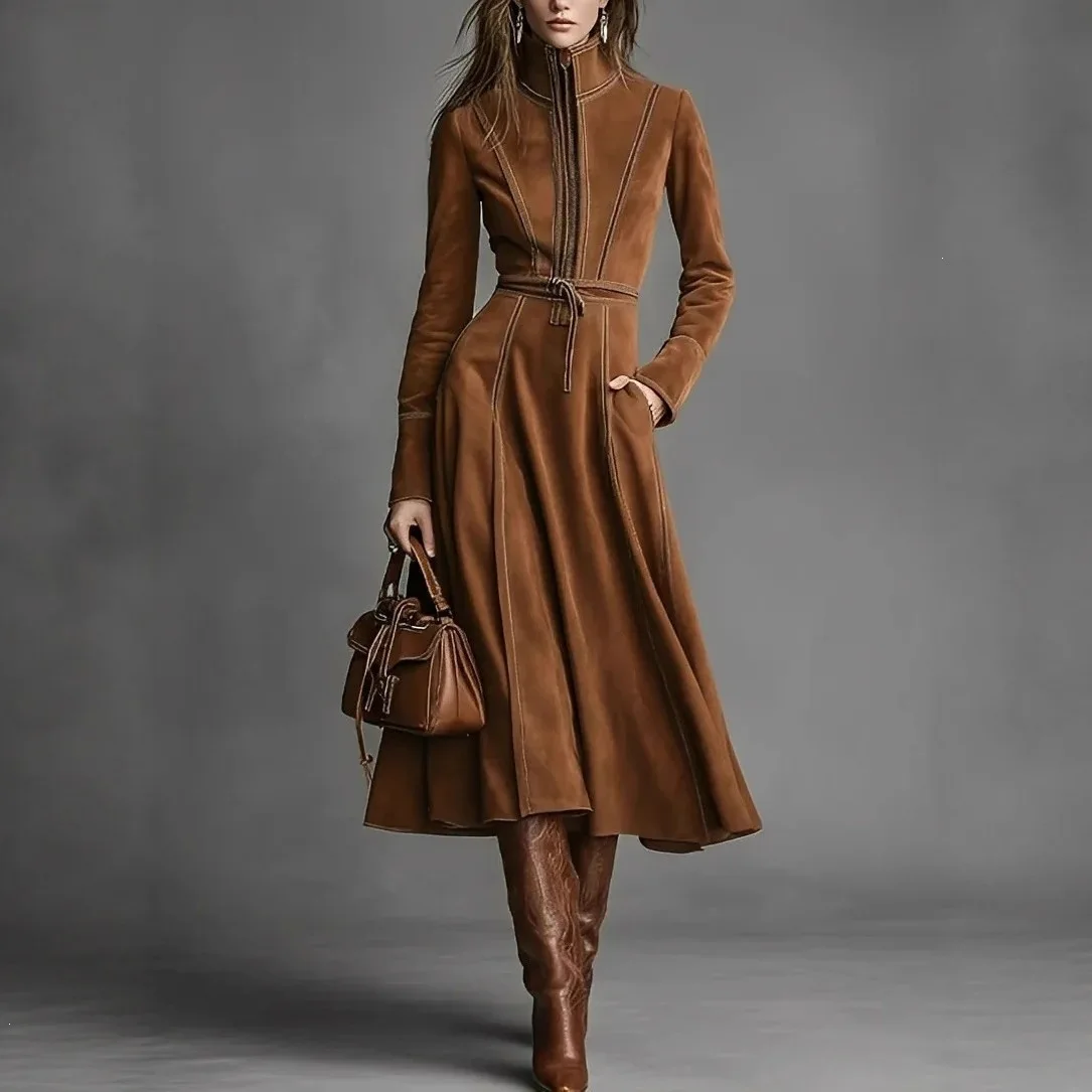 Ladies Autumn and Winter Elegant Retro Suede Zipper Long Dress Waist Lace-Up Dress