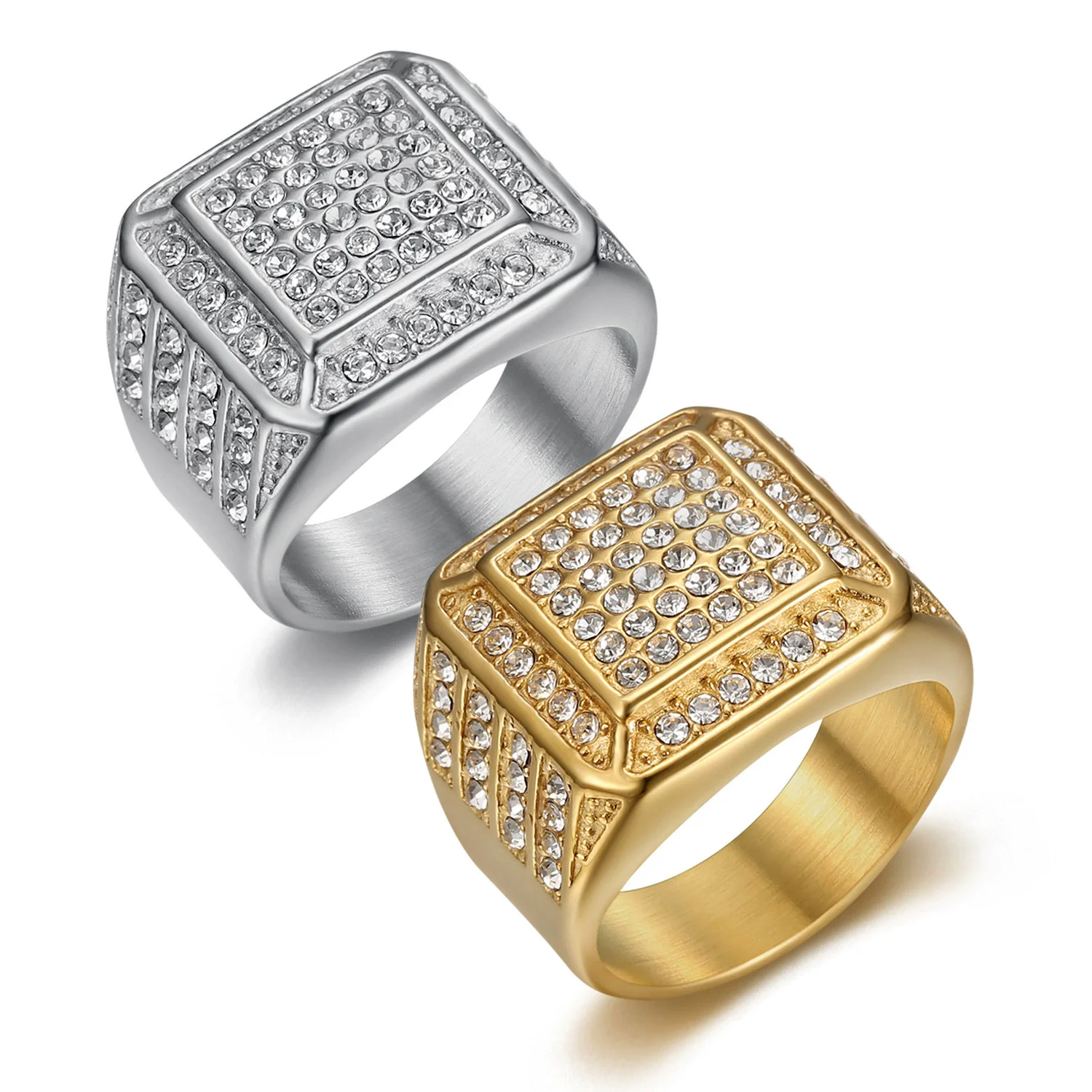 

Exaggerated full diamond stainless steel ring Hip Hop men personality HIPHOP plated 18-karat gold ring