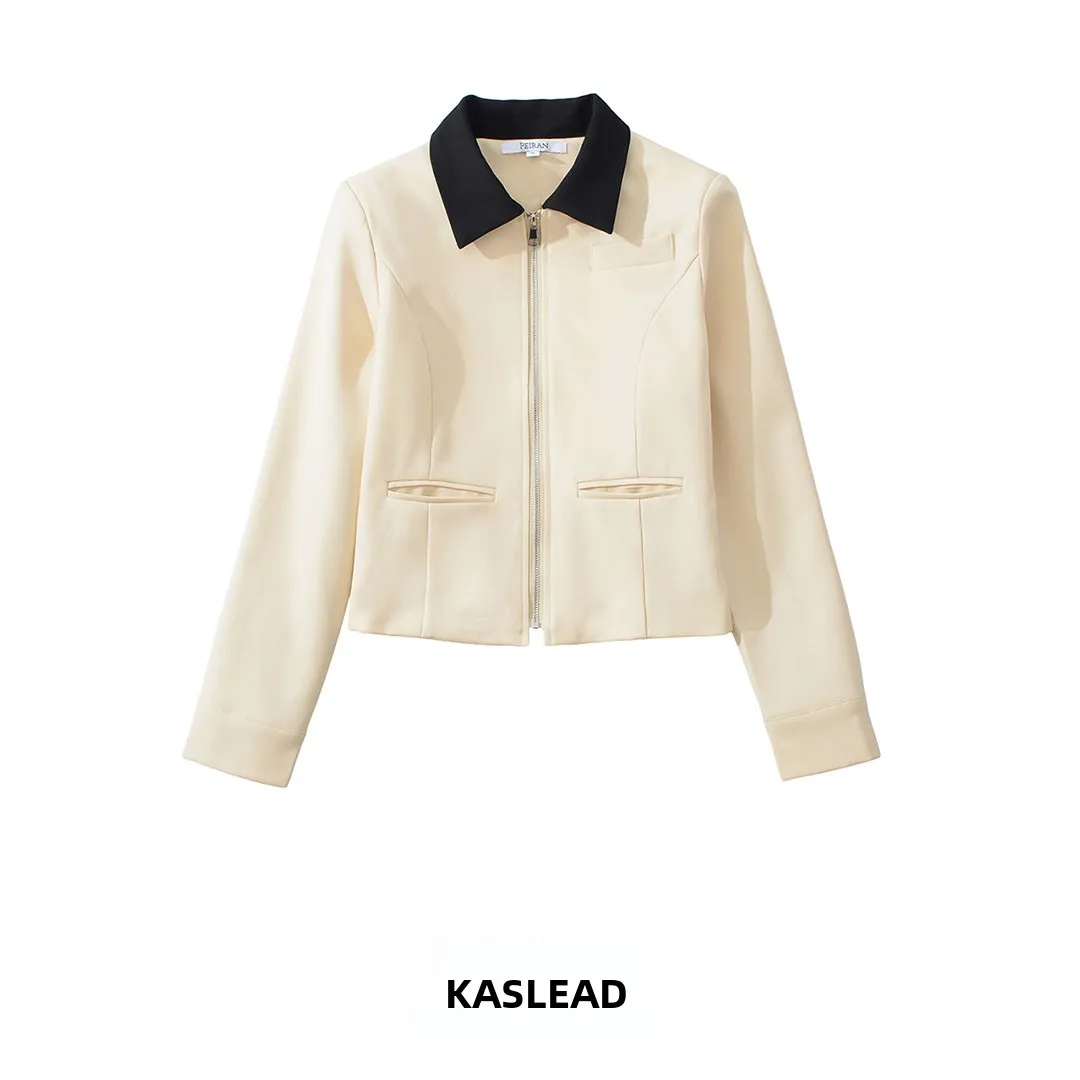KASLEAD New Women's Fashion Slim Fit Color Block Jacket Versatile Outerwear Polyester Fiber Long Sleeve Zipper Closure Short ...