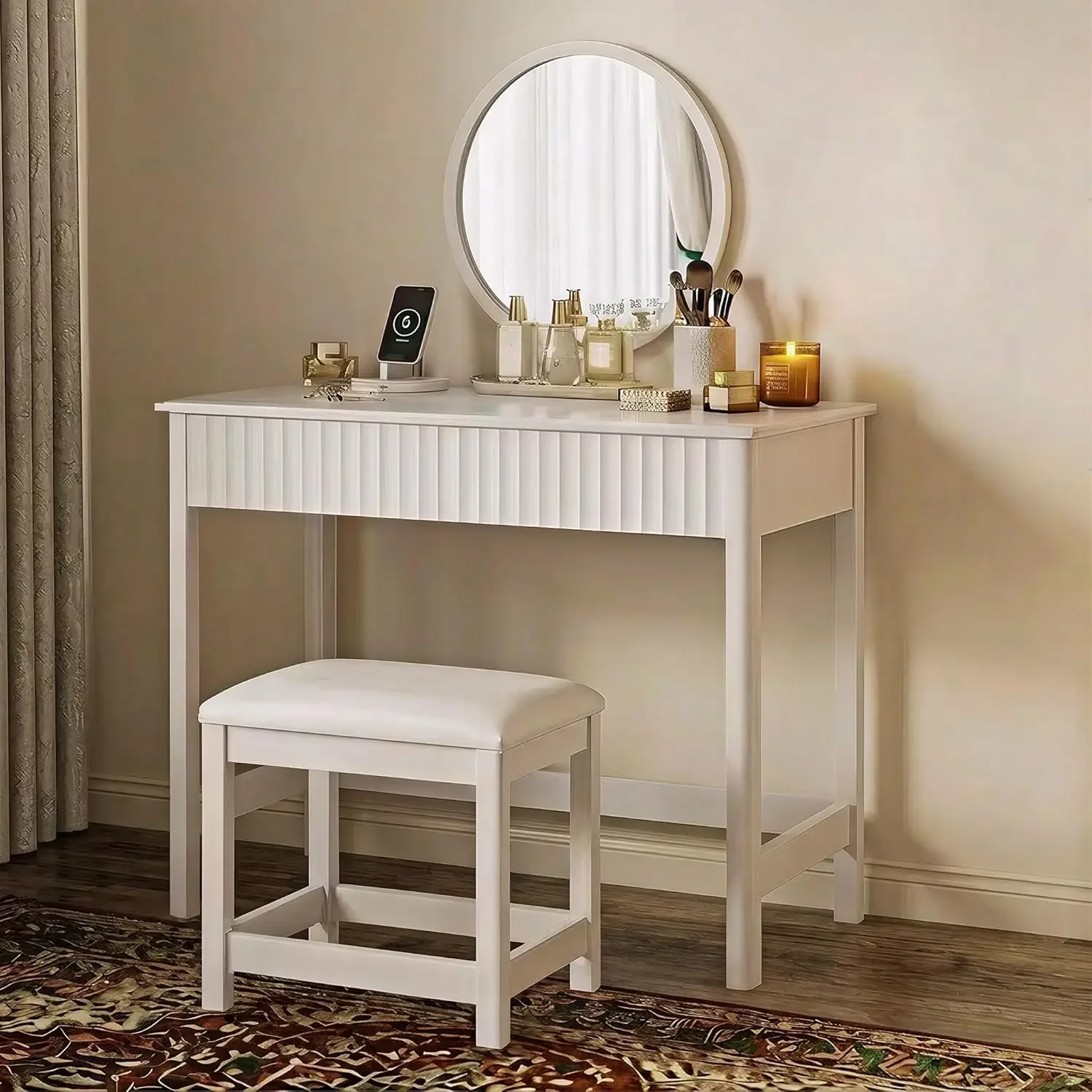 

40 Inch Modern Desk with Drawers Makeup Vanity Desk with Padded Stool Small Home Office Desk for Bedroom White