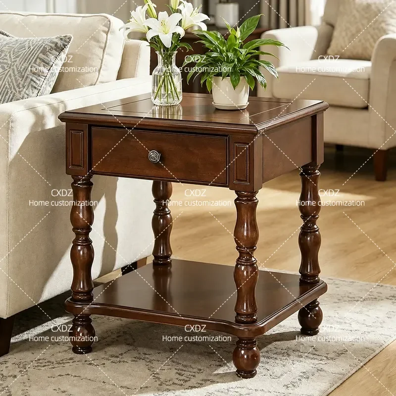 Solid Wood Square Corner Coffee Table with Drawers Multi Functional Storage Side Table for Living Room Small Apartment Sofa