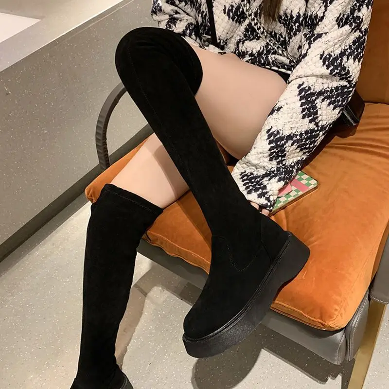 Shoes for Woman Above Over The Knee Women's Boots Round Toe Footwear Lace-up Thigh High with Laces Elastic Platform Spring 2024