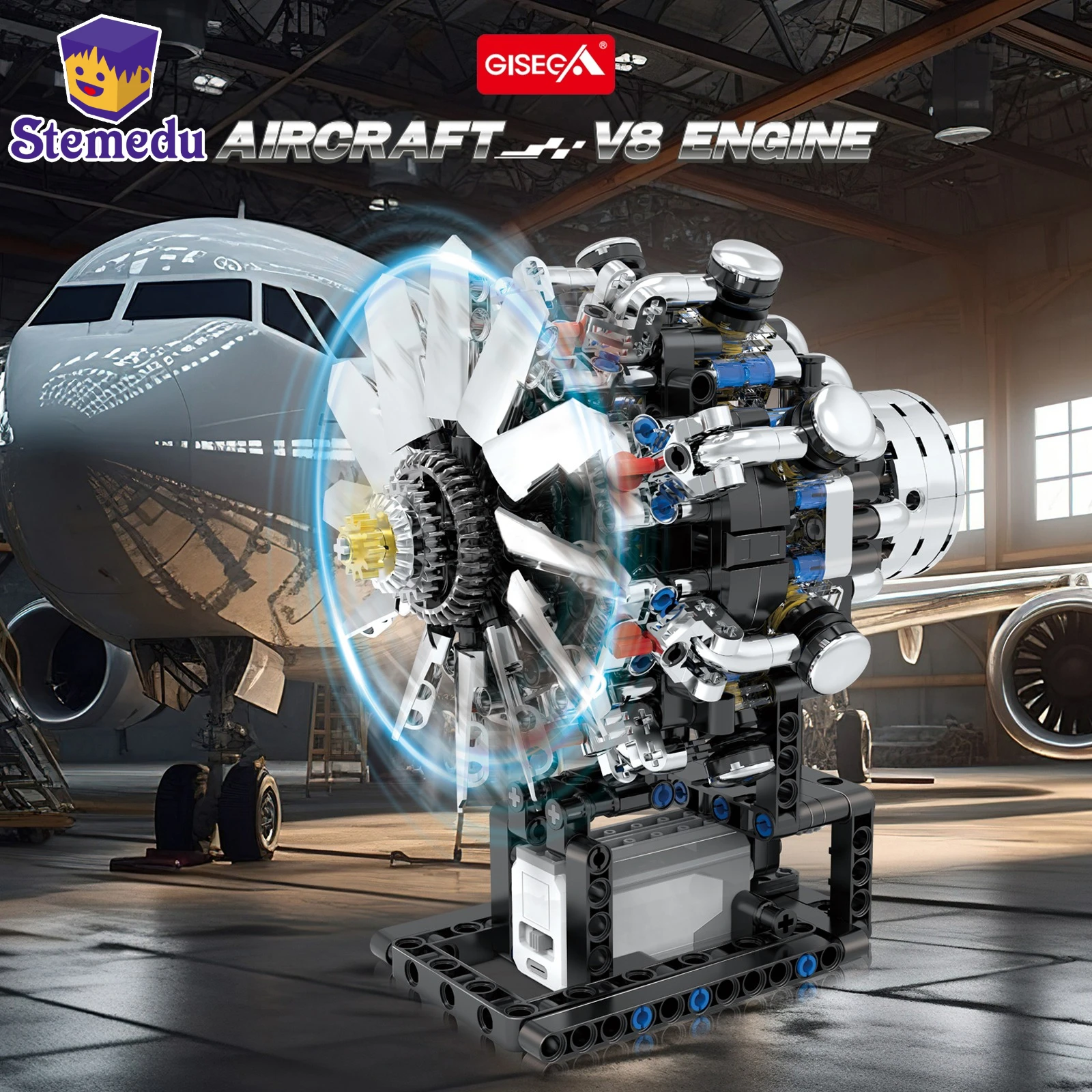 

558PCS Aircraft V8 Engine Building Blocks Simulation Model Power Motor Driven Desktop Ornaments Puzzle Toy for Kids Adults Gifts