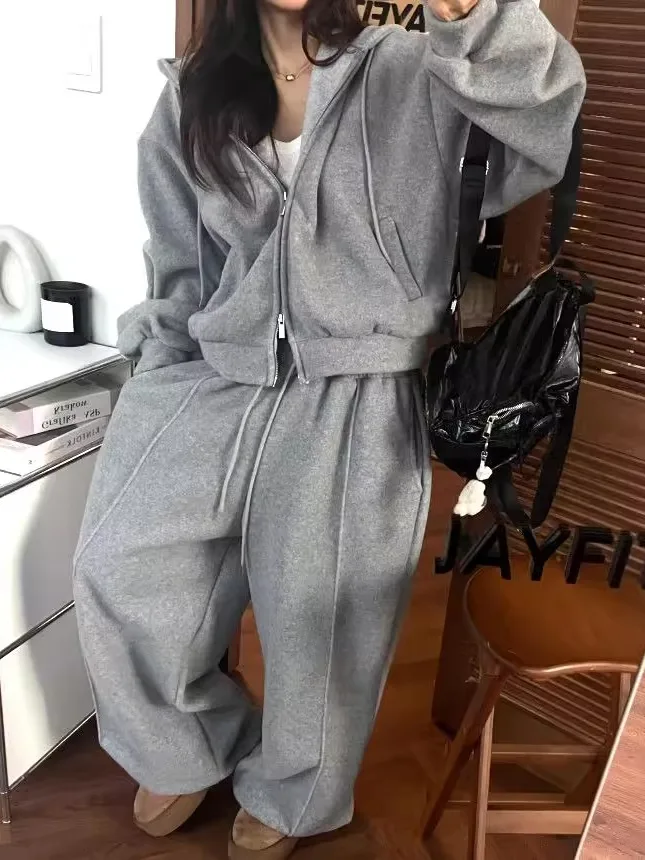 

Women's Casual Fce Lined Hoodie Set Loose Fit High Waist Long Pants Zipper Closure Comfortable Warmth for Autumn Winter