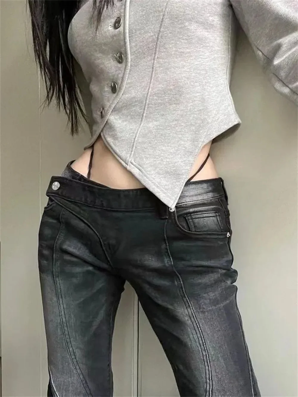 Vintage Distressed Low Waist Jeans Grunge Asymmetrical Waist Slim Denim Pant Korean Fashion Black Flare Jeans Kpop Streetwear