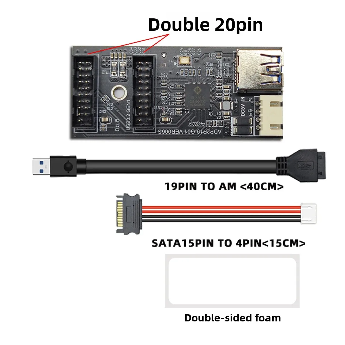 USB3.0 Front One Point Two 19 Pins To USB 3.1 C TYPE-E Adapter Double Head 20Pin Expansion Card, U3-084 adapter card