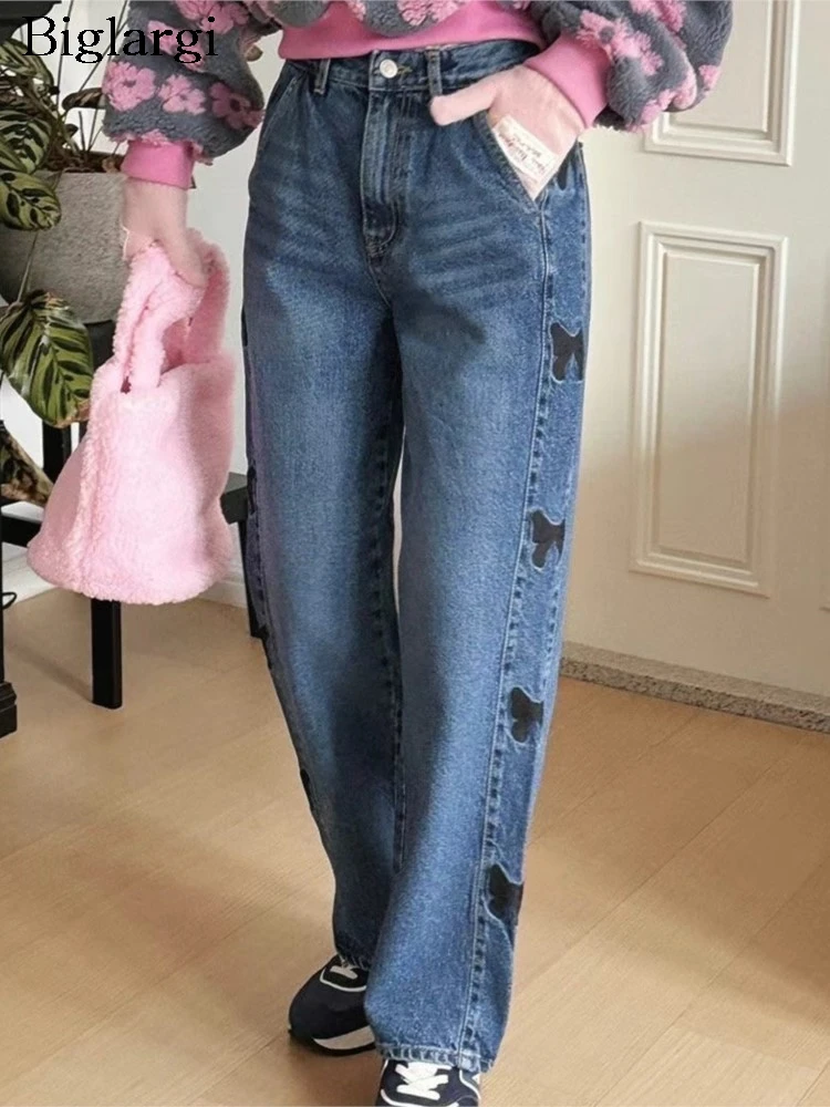 

Jeans Spring Summer High Waist Pant Women Butterfly Embroidery Modis Retro Ladies Trousers Loose Casual Pleated Woman Long Pants