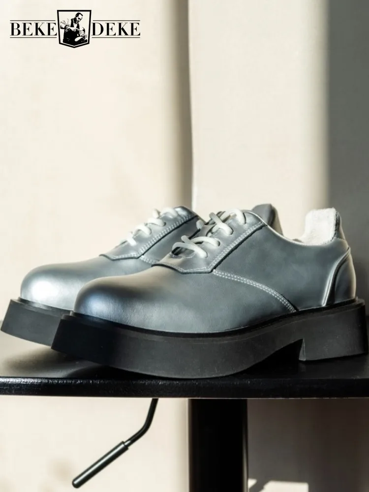 

Designer Mens Dress Shoes Vintage Leisure Platform Derby Shoes Lace Up Round Toe Solid Men Cowhide Genuine Leather Shoes New