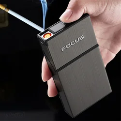 Estojo de cigarro de fumaça fina, 20 peças de capacidade, suporte de cigarro fino com usb recarregável, isqueiro de metal, presente para homens