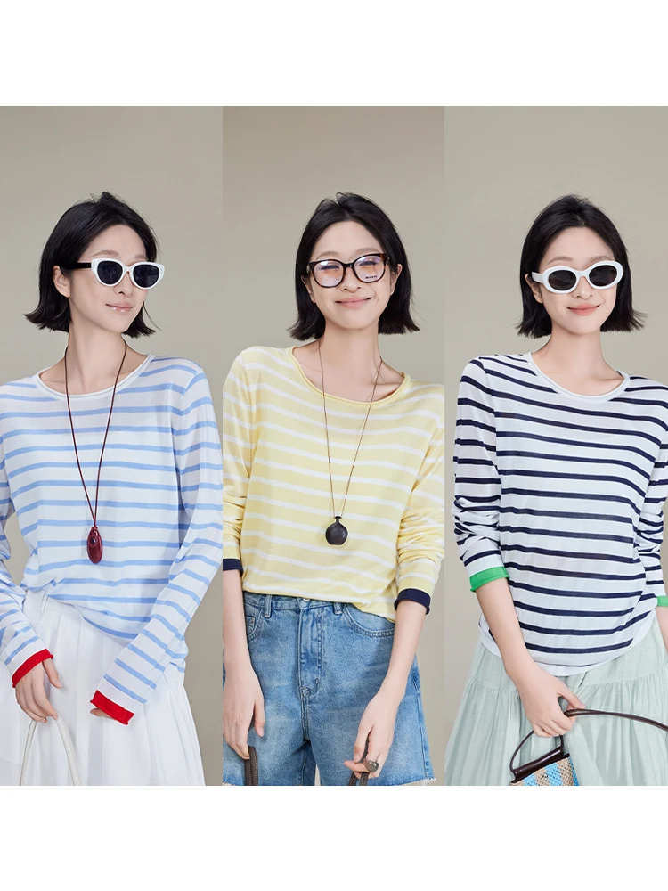 

Трикотажный топ MeiYang из ацетатного лиоцелла с круглым вырезом, в полоску, с манжетами, свободного кроя, с длинными рукавами, для повседневной носки