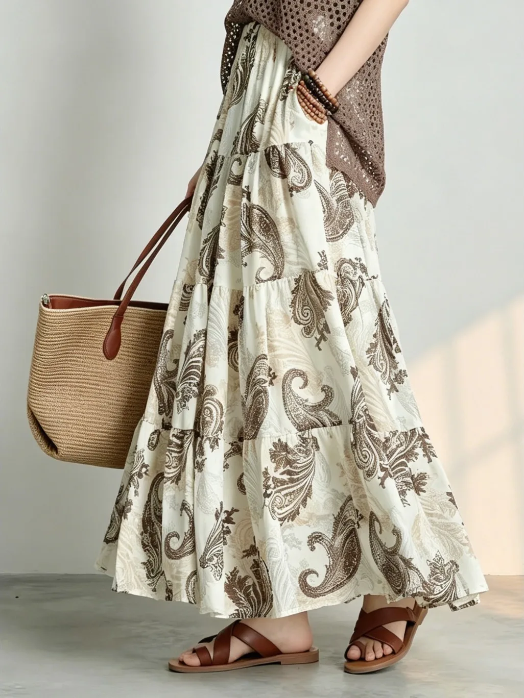 

Summer Artistic Large Size Women's Skirt with Fruit Print Elastic Waist A-Line Long Slimming Drifting Half-length Skirt