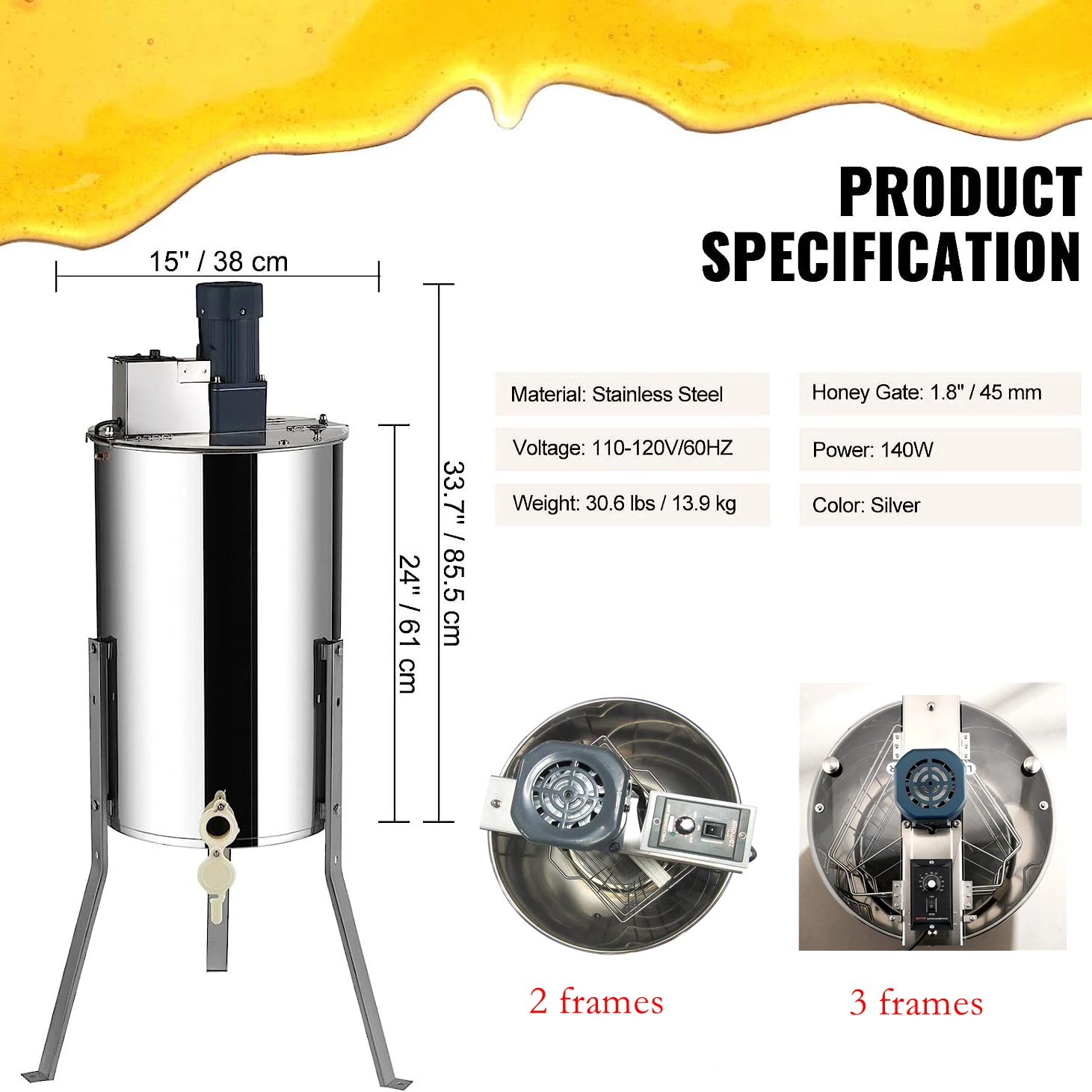 Electric Honey Extractor Stainless Steel 2/3 Frames Honey Centrifuge Honeycomb Spinner Crank Beekeeping Equipment for Bees