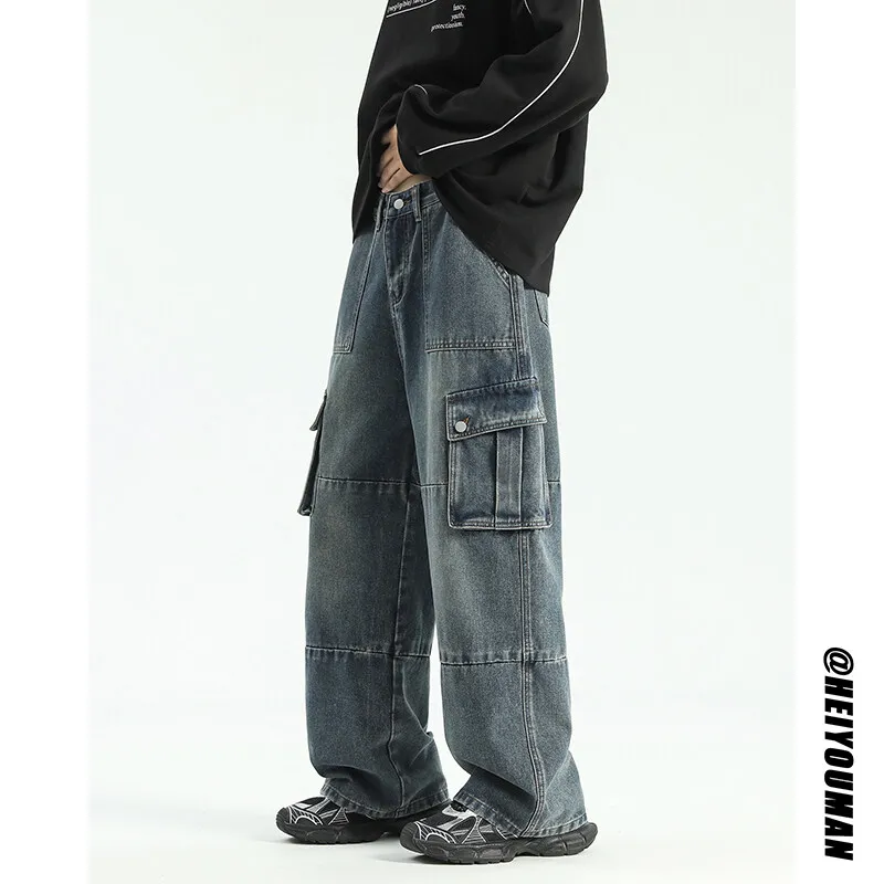 High quality Wide Leg jeans men Big Pocket Overalls Patchwork Men Unisex Neutral Loose Straight Casual High Street Hip Hop Jeans