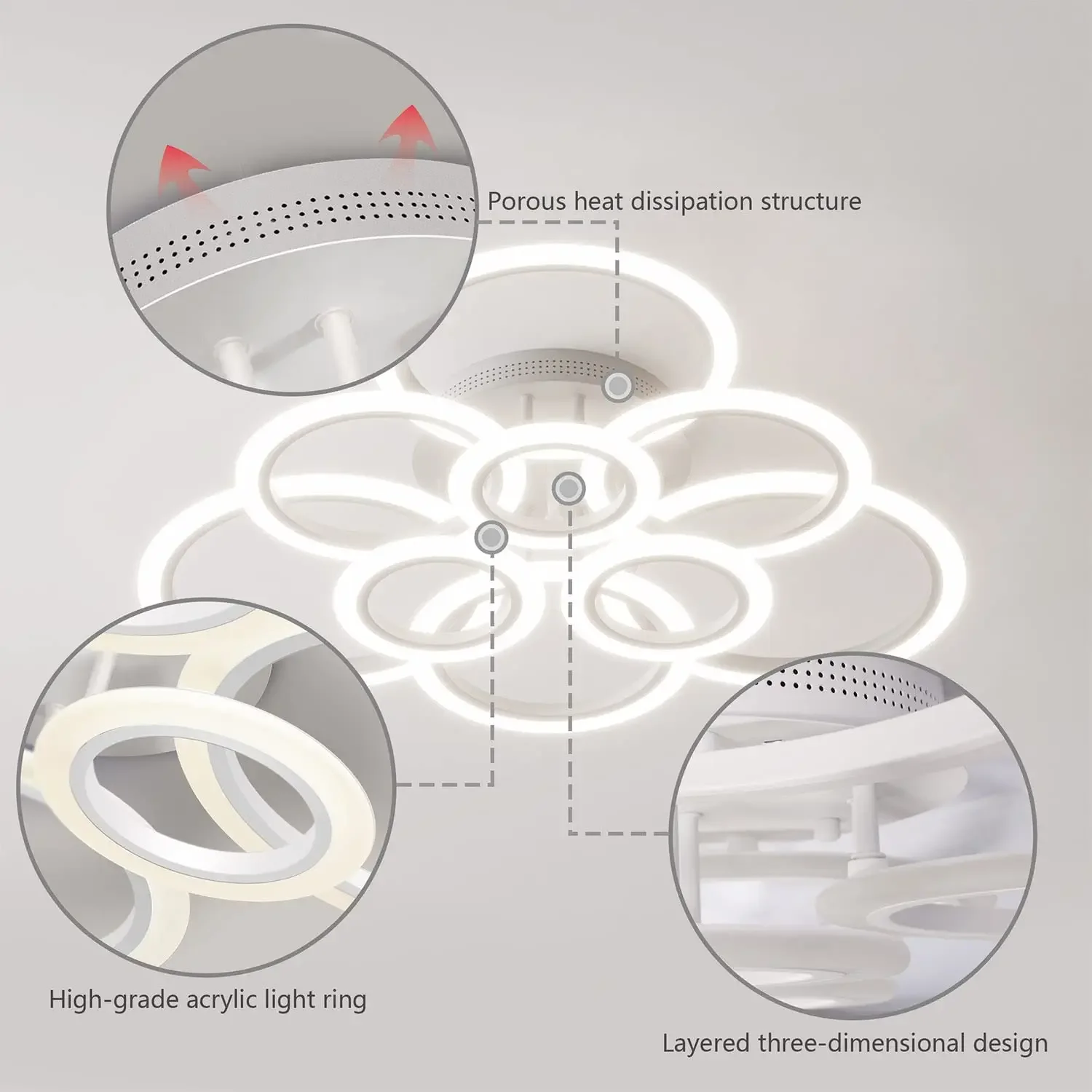 Lampu Langit-langit Modern 9 Cincin Led Chandelier Dimmable Remote Control untuk Ruang Tamu Ruang Makan Kamar Tidur Perlengkapan Dekorasi