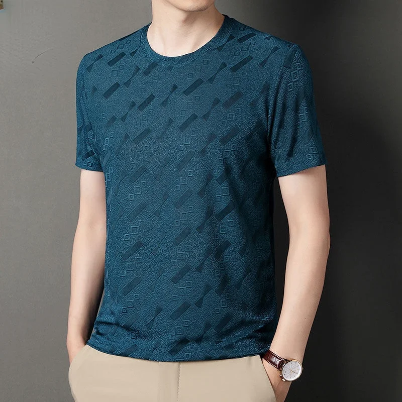 Trendy Chinese Style Round Neck Jacquard Weave Ice Silk Fabric Men's Round Neck Fashion Casual Short Sleeve Slim Fit T-shirt Top