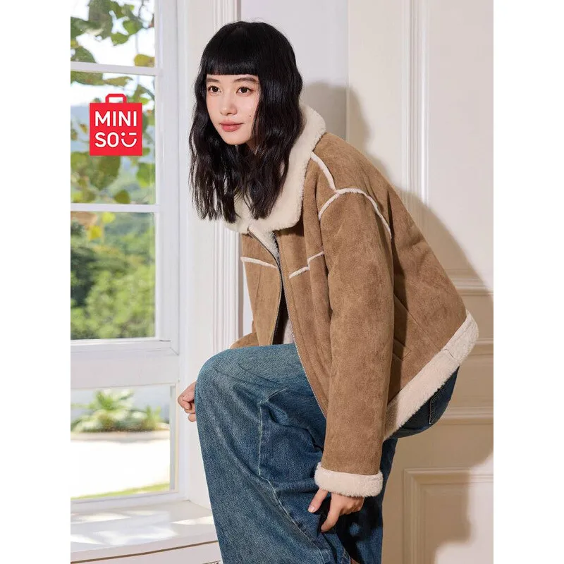 

MINISO/Name Brand Premium Turn-Down Collar For Women 2025 New Autumn Winter Student American Retro Suede Jacket J