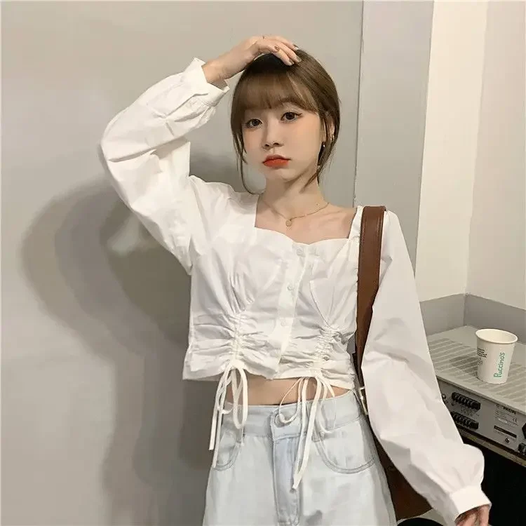 

Blusas Mujer De Moda Square Collar Plaid Women Blouses Chic Drawstring Long Sleeve Shirt Fashion Vintage Korean Blouse Tops
