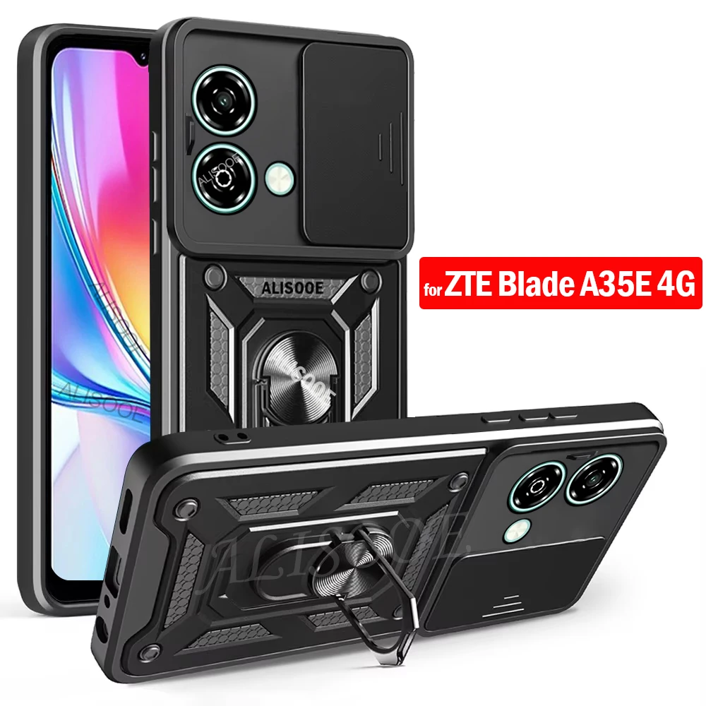 

Защитный чехол-слайдер для камеры ZTE Blade A35E 4G с кольцом-держателем и подставкой, полностью защитный, противоударный, для телефона (Capa Funda)
