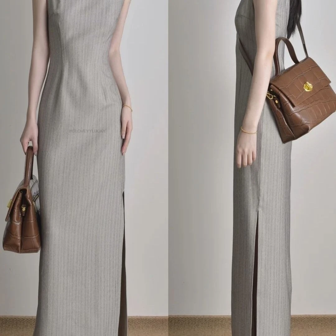 Chinese Improved Sleeveless Slit Qipao Retro Striped Slim Thin Daily Dress Fashionable Lady Elegant Commute Wearing Qipao