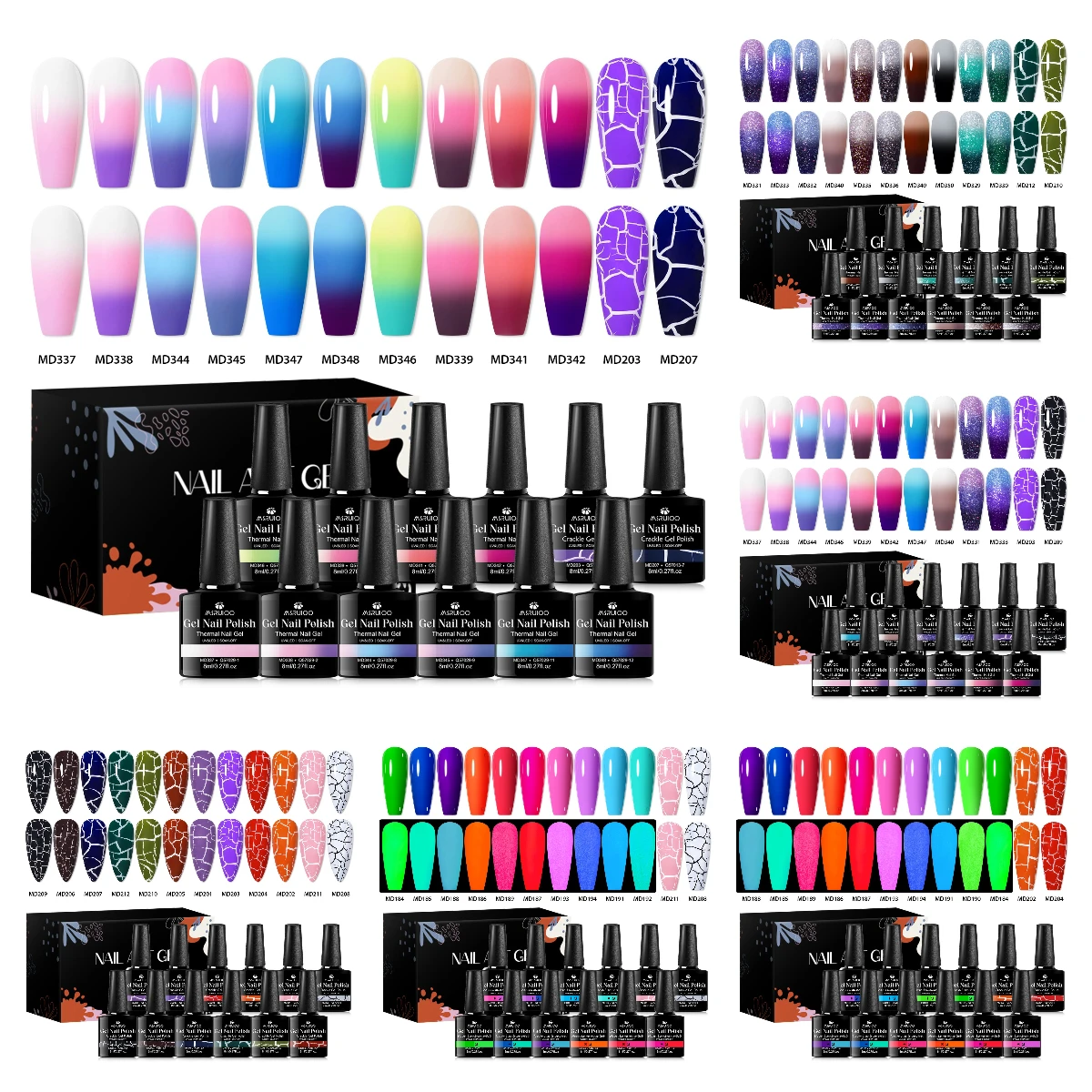 12pcs 8ml Thermal Crackle Nail Gel Set Fluorescent Neon Colors Creative Nail Art Collection Long Wearing High Pigment UV LED