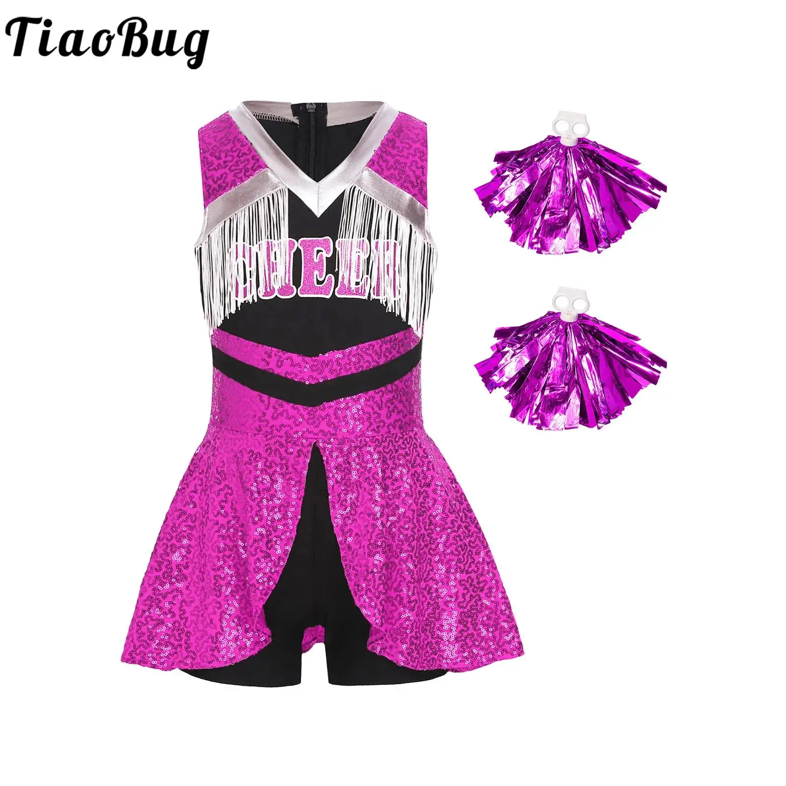 

Girls Cheer Leader Dresses Dancewear Cheer Leader Costume Sleeveless Sequins Tassels Boyshorts Jumpsuit with Hand Flowers Props