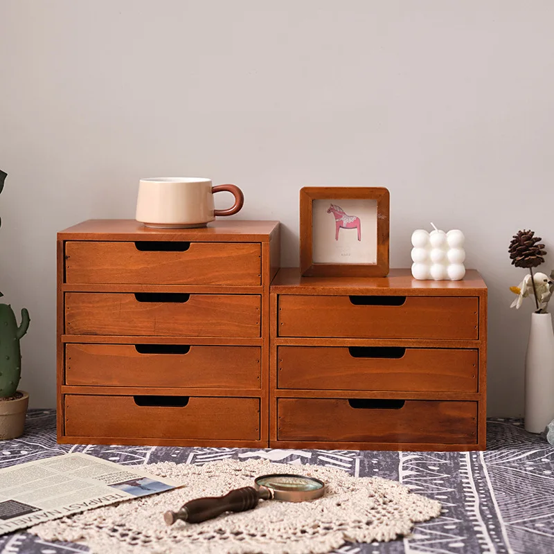 Wooden desktop drawer multi-layer storage small storage cabinets Wooden cosmetics utility box display increasing frame