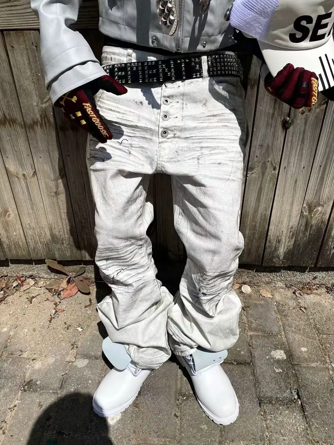 Men's Stacking Effect Casual Pants Dirty White Streetwear Wide-leg Trousers Boy Bottom High Waist Sweatpants Male Long Pants