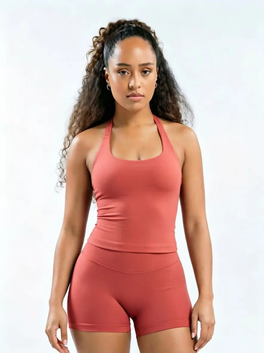 Workout Yoga 2-Teiliges Damen 3-Lagiges Neckholder Sportoutfit, Hochelastisches Nahtloses Gepolstertes Cami-Tanktop & Passende Shorts Set – Detail 8